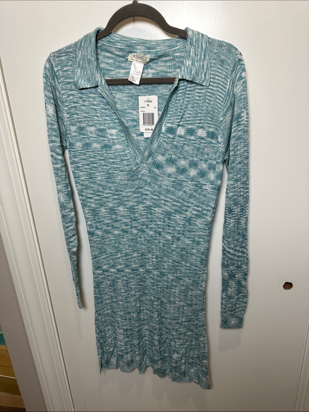 l*space Teal Marled Long-Sleeve Collared V-Neck Dress (06)